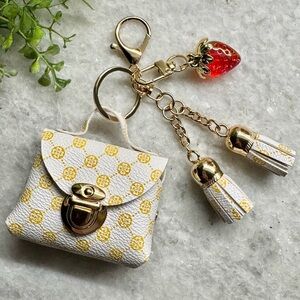 New White Faux Leather Mini Bag Purse Charm Keychain w/ Strawberry & Tassels